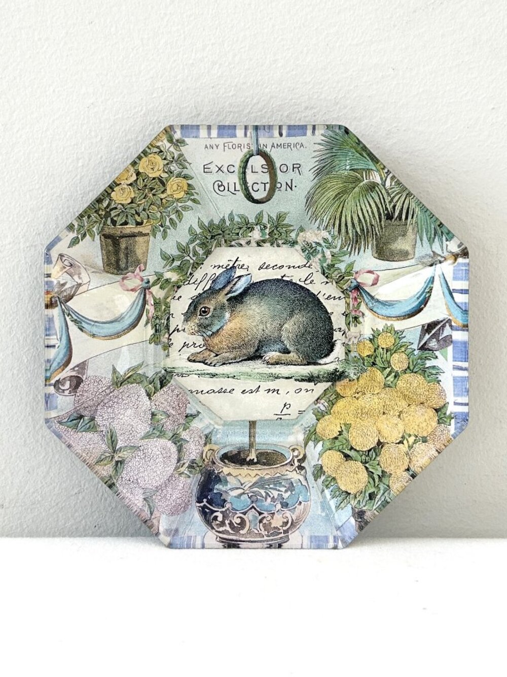 John Derian Octagonal Decoupage Glass Dish Rabbit Bunny Plate Tray SIGNED